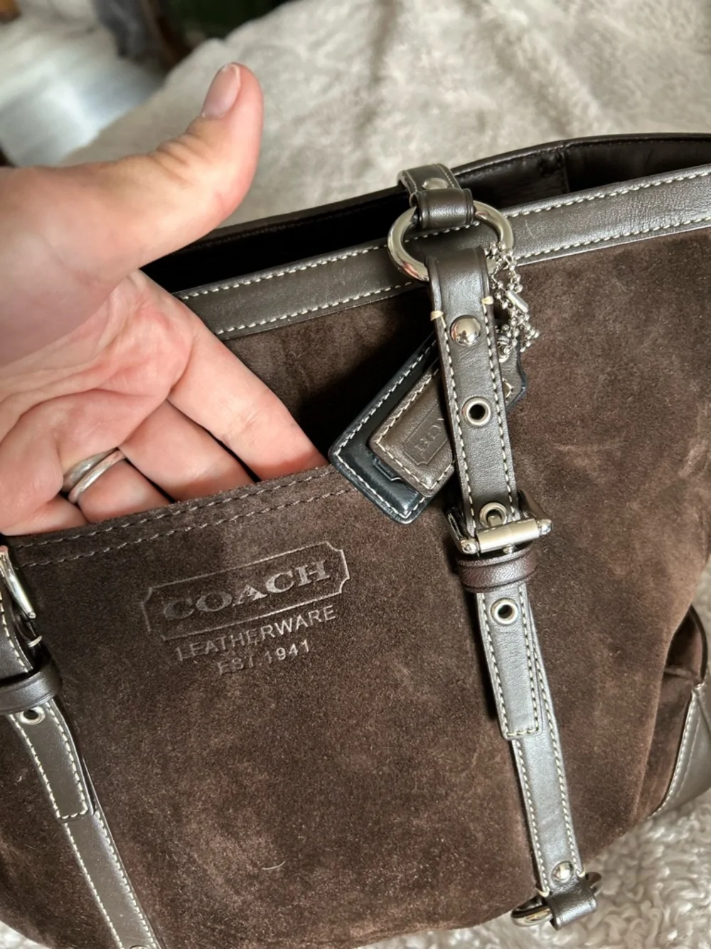 Coach Chocolate Brown Suede Tote with Leather Trim - Picture 10 of 14